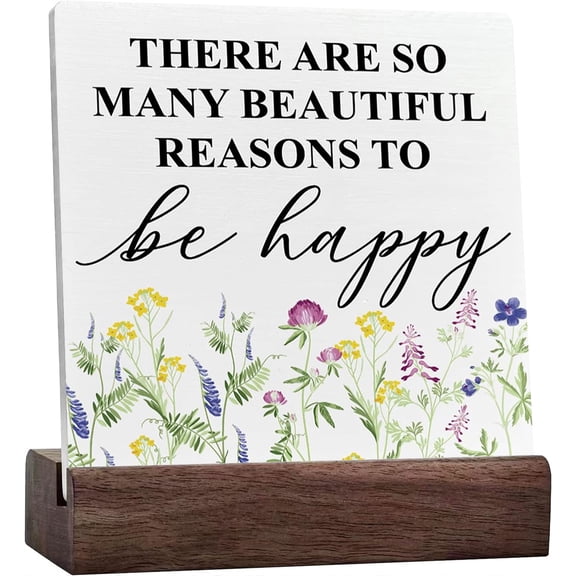 Ceramic Sign 4x4 Inch Spring Plaque Sign with Wood Stand Spring Table Decor Spring Flowers Decoration Home Office Kitchen Spring Sign Decor So Many Beautiful Reasons To Be Happy Gift For Women Men