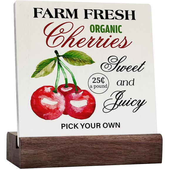Ceramic Sign 4x4 Inch Summer Cherry Ceramic Signs Rustic Farm Fresh Cherries Ceramic Sign Decorative Country Cherry Art Plaque Sign with Wood Stand For Home Kitchen Desk Table Shelf Decor