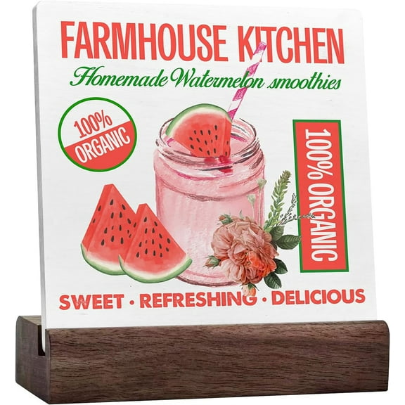 Ceramic Sign 4x4 Inch Summer Desk Decor Farmhouse Kitchen Watermelon Smoothies Ceramic Sign Desk Decor Summer Fruit Plaque Sign with Wood Stand Desk Decor For Home Kitchen Shelf Table Decorations