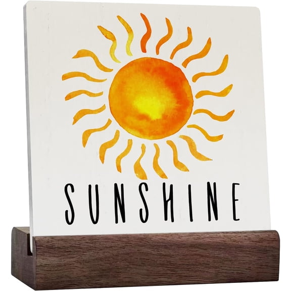 Ceramic Sign 4x4 Inch Sunshine Ceramic Signs Rustic Summer Sun Ceramic Sign Country Decorative Plaque Sign with Wood Stand For Home Desk Table Shelf Decor