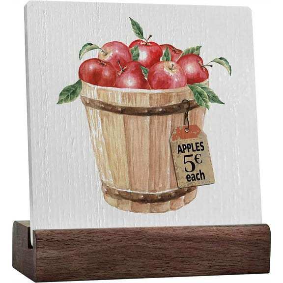 Ceramic Sign 4x4 Inch Table Top Decor Farmhouse Apple Decor Summer Tiered Tray Decor Plaque Sign with Wood Stand For Home Bathroom Shelf Entryway Centerpieces Sitter Farm Cafe Counter Bedroom Office