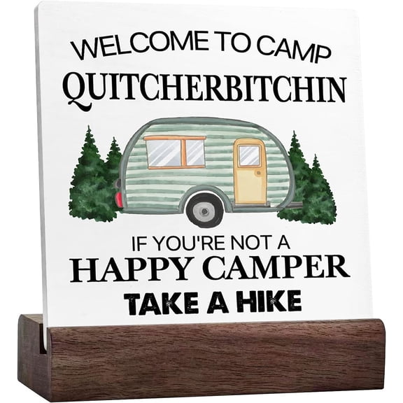 Ceramic Sign 4x4 Inch Welcome To Camp Quitcherbitchin Funny Camping Wood Plaque Sign Desk Decor Rustic Camping Quote Plaque Sign with Wood Stand For Home Camper Rv Desk Shelf Table Decor