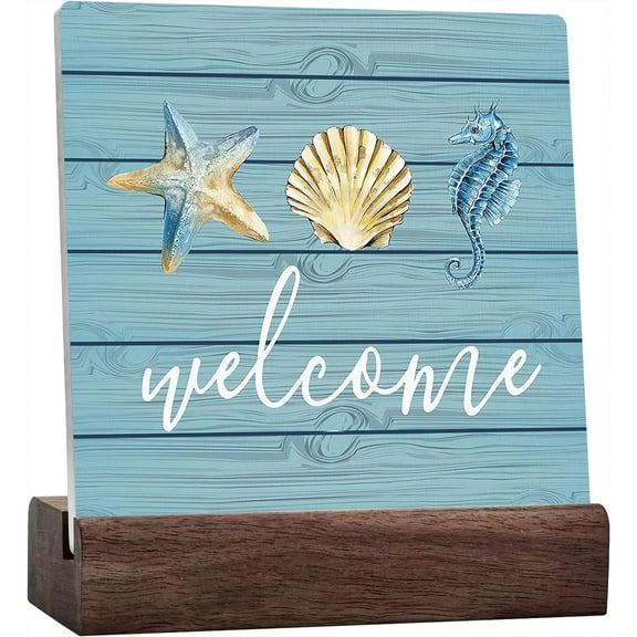 Ceramic Sign 4x4 Inch Welcome Rustic Summer Beach Ceramic Plaque Desk Sign Desk Decor Seashell Seahorse Starfish Teal Ceramic Plaque Sign with Wood Stand For Coastal Beach House Shelf Table Decor