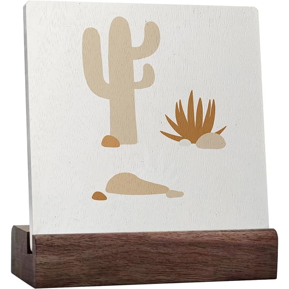 Ceramic Sign 4x4 Inch Western Country Cactus Desert Landscape Beige Preppy Ceramic Sign Desk Decor Preppy Plaque Sign with Wood Stand For Western Home Girl Room College Dorm Shelf Desk Decoration