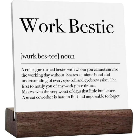 Ceramic Sign 4x4 Inch Work Bestie Definition Decorative Work Bestie Gifts Desk Decor For Women Office Thank You Gifts Farmhouse Plaque Sign with Wood Stand Home Shelf Table Decor Retirement Gifts
