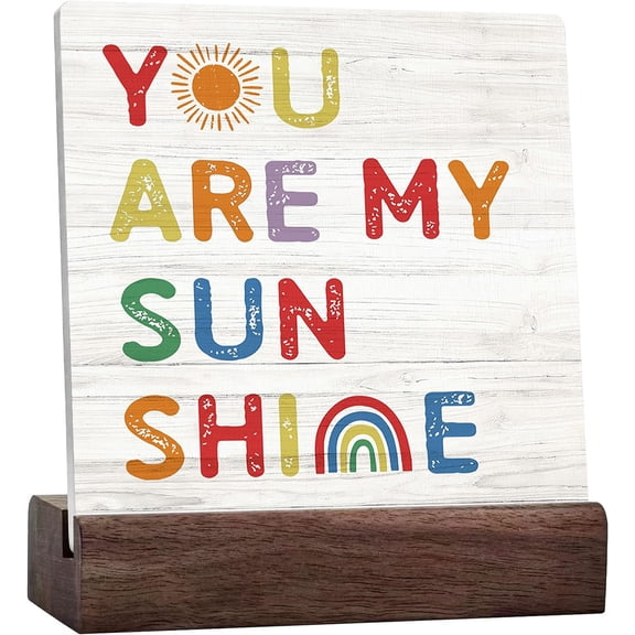 Ceramic Sign 4x4 Inch You Are My Sunshine Rainbow Sun Ceramic Plaque Desk Sign Desk Decor Inspirational Quotes Ceramic Plaque Sign with Wood Stand For Room Nursery Playroom Shelf Table Decor