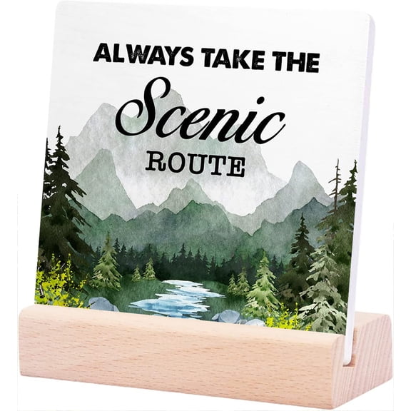 Ceramic Sign 4x4Inch Always Take The Scenic Route Woodland Backdrop Camping Wood Plaque Sign Desk Decor Rustic Camping Quote Ceramic Desk Sign Plaque For Home Camper Rv Desk Shelf Table Decor