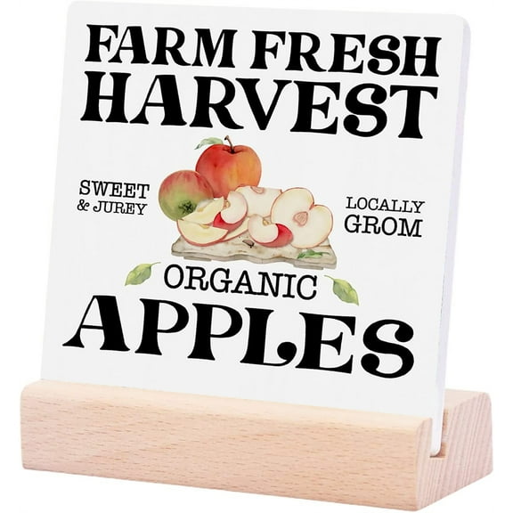 Ceramic Sign 4x4Inch Apple Ceramic Desk Sign Apple Kitchen Decor Summer Gifts Summer Decorations For Home Farmhouse Desk Decor Plaque Sign with Wood Stand For Table Tiered Tray Home Farmhouse