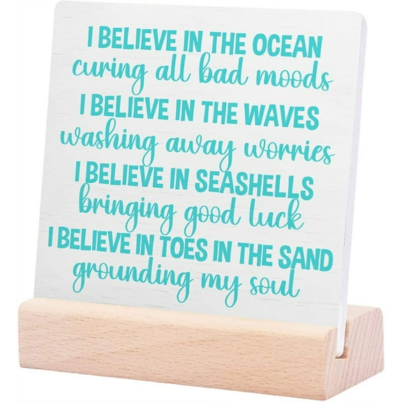 Ceramic Sign 4x4Inch Beach Decor Plaque Sign with Wood Stand Summer Beach Desk Decoration For Home Bedroom Bathroom Beach Room House Ocean Coastal Sea Decor Beach I Believe In The Ocean