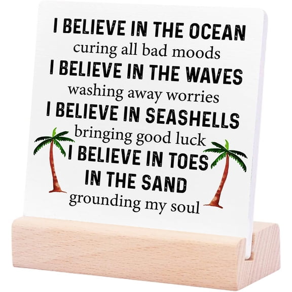 Ceramic Sign 4x4Inch Beach Quotes Ceramic Plaque Sign Beach House Decor I Believe In The Ocean Curing All Bad Moods Wood Sign Desk Decoration Plaque Sign with Wood Stand For Shelf Home Gift For Women