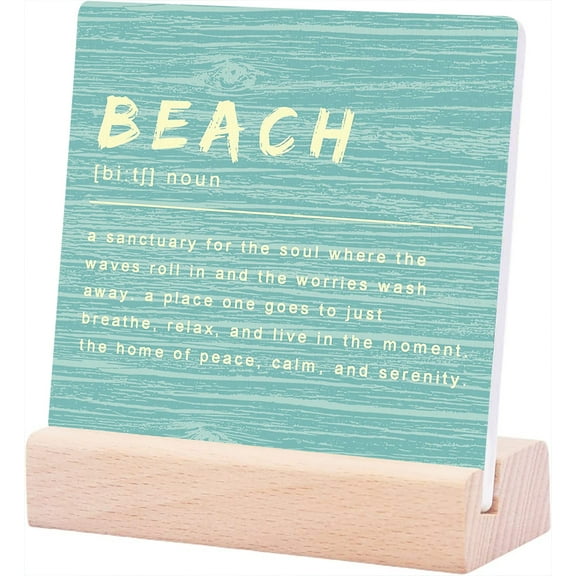 Ceramic Sign 4x4Inch Beach Sign Desk Decor Coastal Decor Beach Decorations For Home Light Blue Decor Beach House Plaque Sign with Wood Stand Decoration Beach Room Decor Ocean Gifts Shelf Table Decor