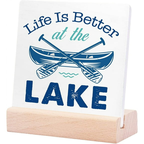 Ceramic Sign 4x4Inch Better At The Lake Rustic Lake Wooden Plaque Sign Desk Decor Retro Lake Cabin Home Ceramic Desk Sign Plaque For Primitive Country Lake Farmhouse Shelf Table Decor Gift For Women