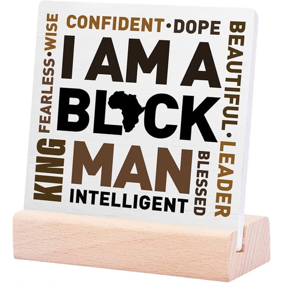 Ceramic Sign 4x4Inch Black Men Decor Plaque Sign with Wood Stand African American Men Desk Decoration Afro Boy Black King Home Office Bedroom Living Room Decor Gifts For Black Men I Am A Black Man