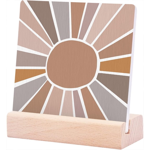 Ceramic Sign 4x4Inch Boho Plaque Sign with Wood Stand Boho Sun Sunrise Sunray Desk Decor Boho Room Decor For Mid Century Bohemian Sun Ceramic Plaque Table Decor Desk Sign For Office Home Shelf Decor