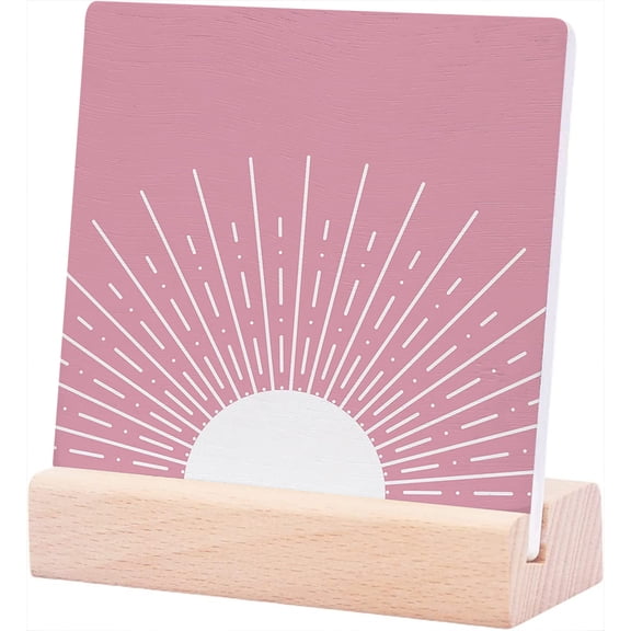 Ceramic Sign 4x4Inch Boho Sun Ceramic Desk Sign Boho Desk Decor Boho Shelf Decor Boho Decor For Bedroom Boho Bohemian Sun Sunshine Plaque Sign with Wood Stand For Home Office Girls Room Shelf Decor