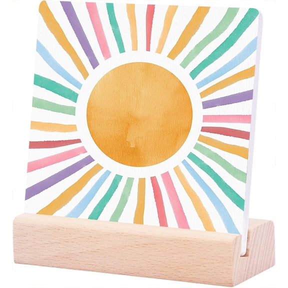 Ceramic Sign 4x4Inch Boho Sun Colorful Sunshine Desk Decor Boho Mid Century Modern Ceramic Plaque Table Decor Desk Sign For Home Room Playroom Classroom Shelf Table Decor Gift For Women Men