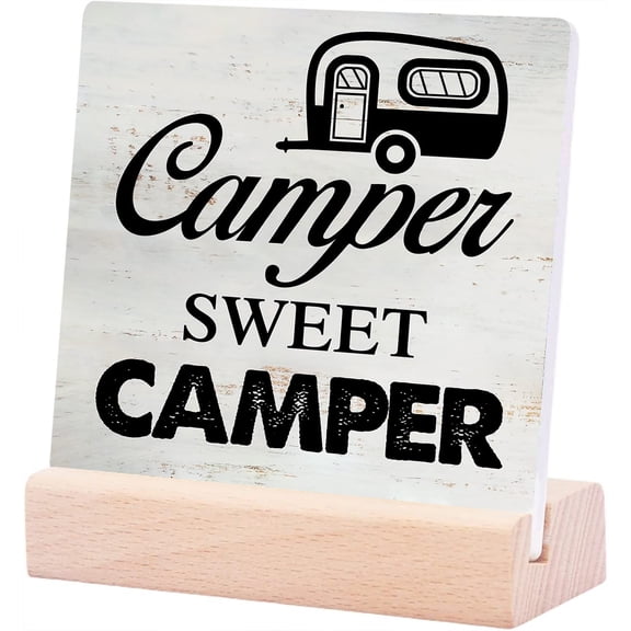 Ceramic Sign 4x4Inch Camper Sweet Camper Camping Ceramic Plaque Sign With Sayings Desk Decor Travel Trailer Plaque Sign with Wooden Stand Rustic Decor Gift For Women Men