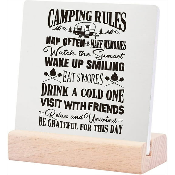Ceramic Sign 4x4Inch Camping Rules Decor Campers Camping Lovers Gifts Rustic Camping Ceramic Plaque Table Decor Desk Sign For Home Travel Trailer Rv Camper Campsite Desk Shelf Decorations