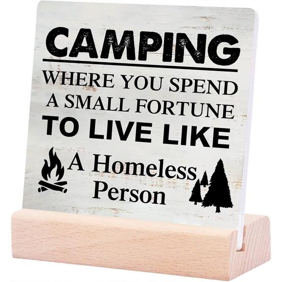Ceramic Sign 4x4Inch Camping Where You Spend A Small Fortune Camping Ceramic Plaque Sign Desk Decor Travel Trailer Camper Plaque Sign with Wooden Stand Rustic Decor Gift For Women Men