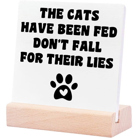 Ceramic Sign 4x4Inch Cat Desk Decor Plaque Sign with Wood Stand Don'T Fall For Their Lies Cat Decor For Home Office Cat Lovers Desk Decor For Room Cat Lovers Cat Mom Cat Dad Gifts Gift For Women Men