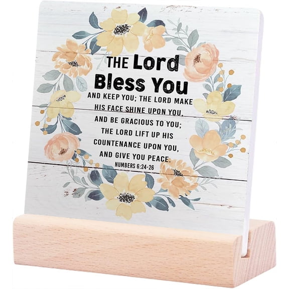 Ceramic Sign 4x4Inch Christian Decor Plaque Sign with Wood Stand Tabletop Decor Wooden Christian Sign Shelf Table Decoration Religious Artwork Decoration For Home The Lord Bless You And Keep You Sign