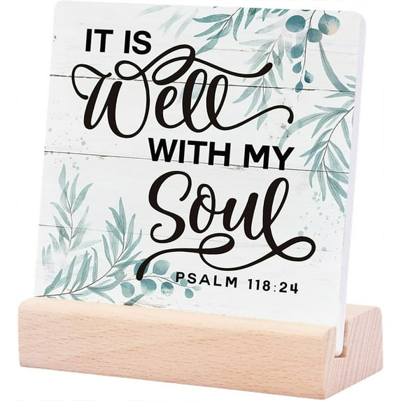 Ceramic Sign 4x4Inch Christian Sign Plaque Sign with Wood Stand Desk Decor Bible Verse Scripture Plaque Bedroom Decor Art Elegant Home Decor Sign Inspirational It Is Well With My Soul Psalm 11824