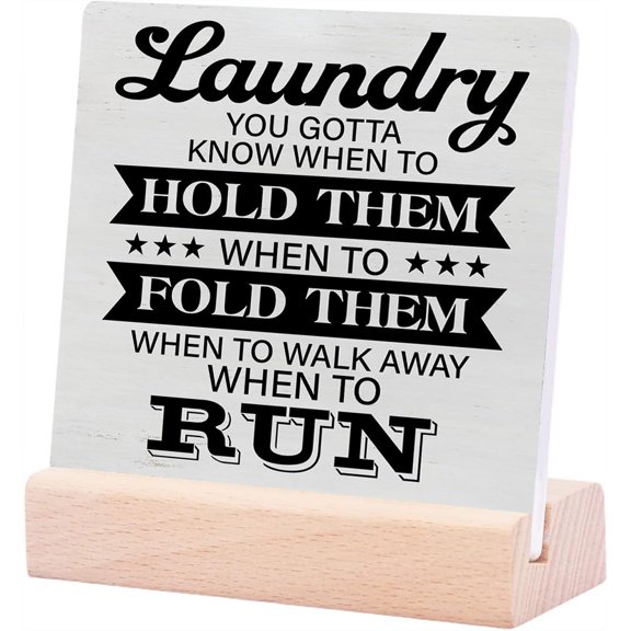Ceramic Sign 4x4Inch Country Laundry Room Desk Sign Decor Laundry You Gotta Know When To Hold Them Plaque Sign with Wooden Stand Rustic Home Shelf Decoration Gift For Women Men