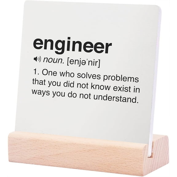 Ceramic Sign 4x4Inch Engineer Definition Wooden Sign Engineer Gifts Office Desk Accessories Engineer Plaque Sign with Wood Stand Engineer Office Decor Funny Desk Signs For Office Gift For Women Men