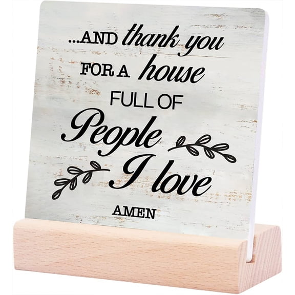 Ceramic Sign 4x4Inch Family Quote Thank You For A House Full Of People I Love Ceramic Sign Rustic Plaque Sign with Wood Stand Farmhouse Home Kitchen Desk Shelf Decor Gift For Women Men