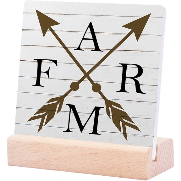 Ceramic Sign 4x4Inch Farm Arrows Desk Sign Rustic Farmhouse Style Plaque Sign with Wood Stand For Country Home Kitchen Barn House Desk Shelf Decoration Farm Animal Gifts Farm House Gifts