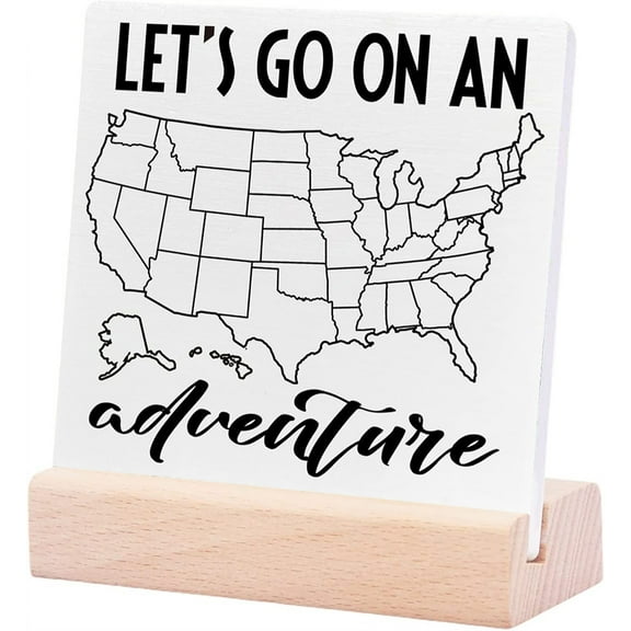 Ceramic Sign 4x4Inch Farmhouse Camping Plaque Sign with Wood Stand Let'S Go On An Adventure Inspirational Camper Decor For Travel Trailers Camping Decorations For Rv Birthday Retirement