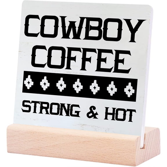 Ceramic Sign 4x4Inch Farmhouse Cowboy Coffee Strong And Hot Ceramic Desk Sign Western Cowboy Theme Ceramic Plaque Table Decorations Desk Sign Home Kitchen Bar Shelf Decor Gift For Women Men