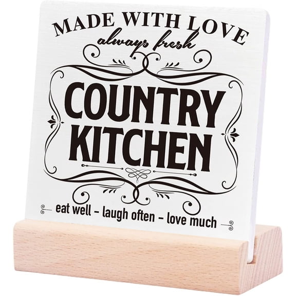 Ceramic Sign 4x4Inch Farmhouse Kitchen Plaque Sign with Wood Stand Eat Well Laugh Often Love Much Inspirational Kitchen Desk Counter Decor Motivational Kitchen Cabinets Decoration Kitchen
