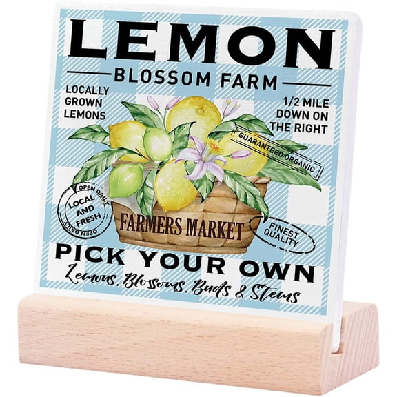 Ceramic Sign 4x4Inch Farmhouse Kitchen Table Decor Plaque Sign with Wood Stand Lemon Kitchen Decor For Counter Summer Dining Room Table Cabinet Decoration Kitchen Lemon Blossom Farm Gift For Women