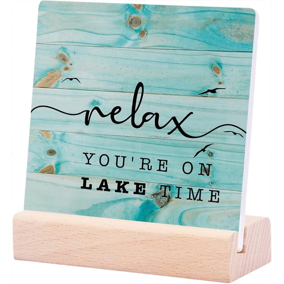 Ceramic Sign 4x4Inch Funny Lake House Plaque Sign with Wood Stand Relax You Are At The Lake Rustic Quote Ceramic Plaque Desk Sign For Home Decor Signs Summer Rustic Farmhouse Home Shelf Decoration