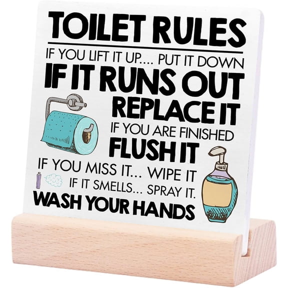 Ceramic Sign 4x4Inch Funny Toilet Sign Toilet Rules Desk Sign Plaque with Wooden Stand For Bathroom Restroom Toilet Shelf Desk Table Decorations Desk Sign Plaque with Wooden Stand Gift For Women Men