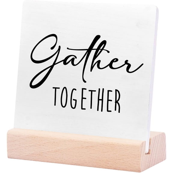 Ceramic Sign 4x4Inch Gather Together Desk Decor Family Quotes Wood Sign Inspirational Decor For House Shelf Table Decorations Ceramic Desk Sign Plaque with Wooden Stand Gift For Women Men