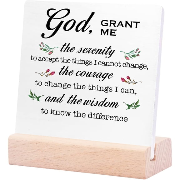 Ceramic Sign 4x4Inch God Grant Me The Serenity Wooden Sign Desk Decor Bible Verse Plaque Sign with Wood Stand Desk Decor For Christian Home Bedroom Room Office Shelf Table Decor Gift For Women Men