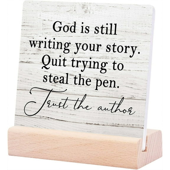 Ceramic Sign 4x4Inch God Is Still Writing Your Story Prayer Room Decor Bible Verse Decor Christian Decor Plaque Sign with Wood Stand Decoration For Home Office Inspirational Signs Shelf Table Decor
