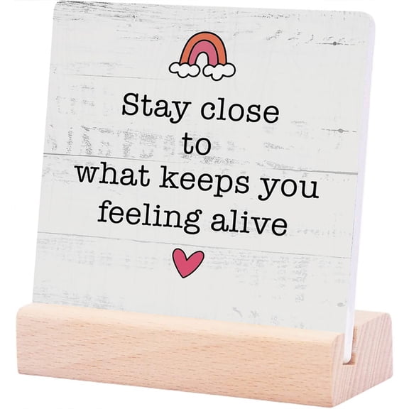 Ceramic Sign 4x4Inch Inspirational Desk Decor Farmhouse Wood For Home Bedroom Kitchen Apartment Cubicle Cottage Living Room School Office Coffee Shop Shelf Table Gift For Women Men