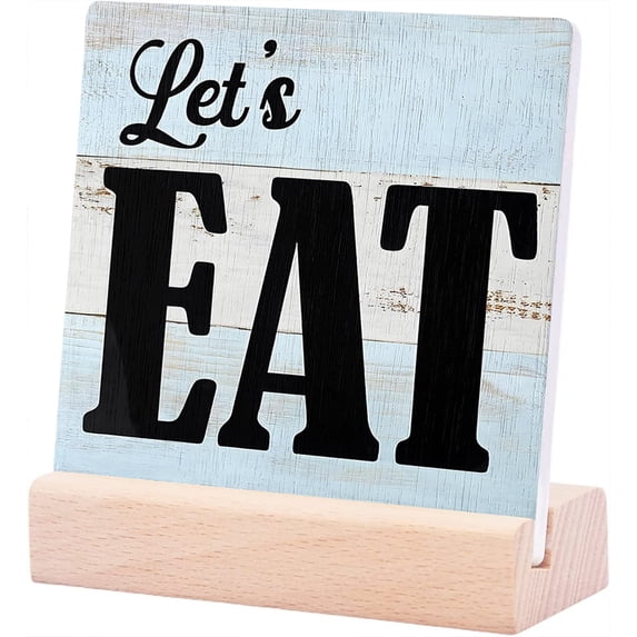 Ceramic Sign 4x4Inch Kitchen Decor Let'S Eat Sign Plaque Sign with Wood Stand Farmhouse Restaurant Kitchen Dining Room Shelf Table Desk Decor Wooden Plaque For Tables Bedrooms Office Decorations