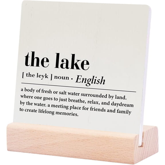 Ceramic Sign 4x4Inch The Lake Definition Ceramic Signs Rustic Lake House Ceramic Sign Decorative Country Summer Plaque Sign with Wood Stand For Home Desk Table Shelf Decor