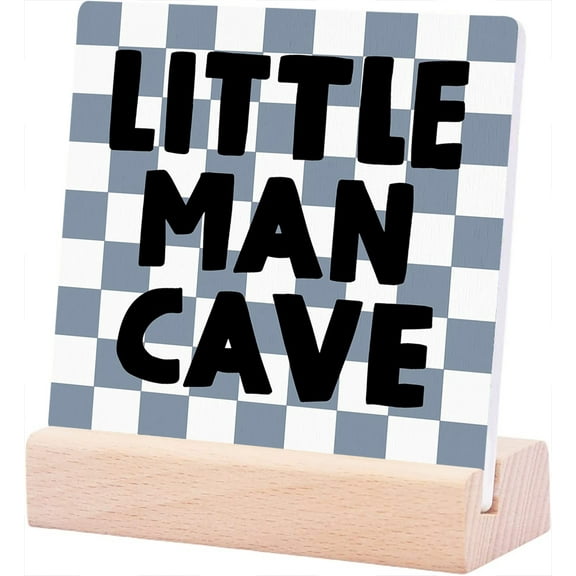 Ceramic Sign 4x4Inch Little Man Cave Plaque Sign with Wood Stand Blue Boho Beige Preppy Ceramic Plaque Desk Sign For Teen Boys Bedroom College Dorm Boys Room Shelf Table Decor Decorative Accessories
