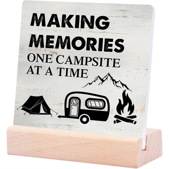 Ceramic Sign 4x4Inch Making Memories One Campsite Camping Ceramic Sign With Sayings Desk Decor Rv Camper Travel Trailer Ceramic Sign Wooden Stand Sign Rustic Decor Gift For Women Men