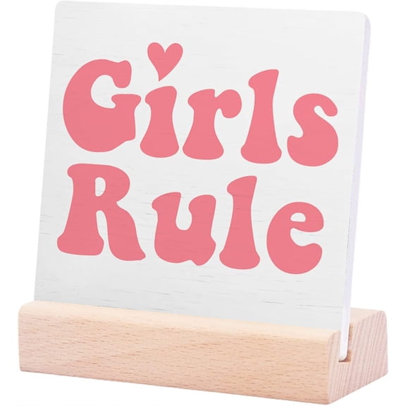 Ceramic Sign 4x4Inch Nursery Table Decor For Girls Nursery Newborn Baby Girls Bedroom Desk Decor Nursery Decoration For Toddler Playroom Girls Rule Ceramic Plaque Sign with Wood Stand Gift For Women