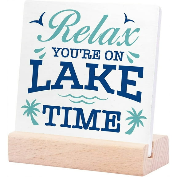 Ceramic Sign 4x4Inch Relax You'Re On Lake Time Lake Wooden Plaque Sign Desk Decor Retro Lake Cabin Home Ceramic Plaque Sign with Wood Stand For Primitive Country Lake Farmhouse Shelf Table Decor