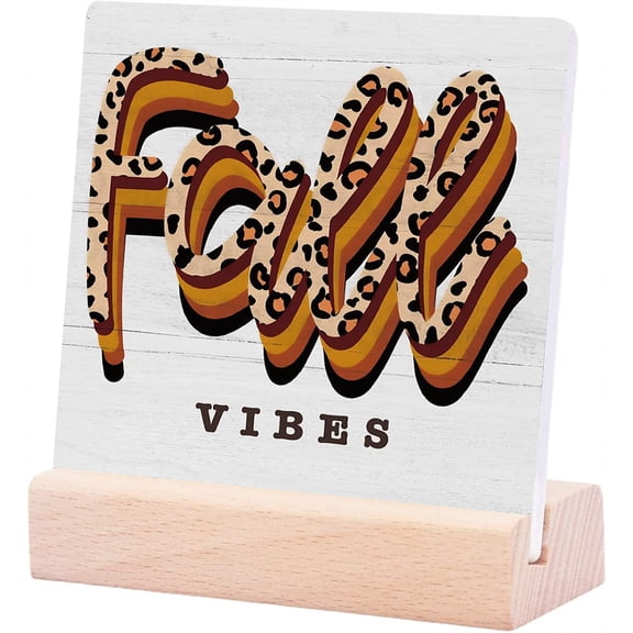 Ceramic Sign 4x4Inch Rustic Fall Vibes Leopard Print Ceramic Desk Sign Farmhouse Retro Fall Artwork Decor Autumn Harvest Thanksgiving Ceramic Plaque Table Decor Home Shelf Office Decoration