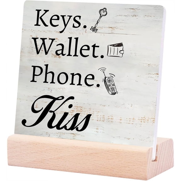 Ceramic Sign 4x4Inch Rustic Keys Wallet Phone Kiss Ceramic Signs Reminder Checklist Ceramic Desk Sign Plaque with Wooden Stand Farmhouse Home Front Door Desk Shelf Decor Gift For Women Men