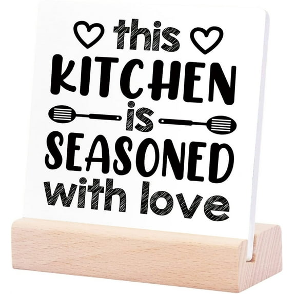 Ceramic Sign 4x4Inch Rustic This Kitchen Is Seasoned With Love Kitchen Sign Decor Funny Kitchen Ceramic Signs Farmhouse Kitchen Plaque Table Desk Decor For Home Kitchen Shelf Counter Desk Table Decor