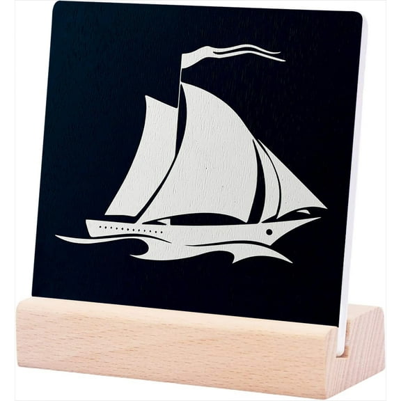 Ceramic Sign 4x4Inch Sailboat Sailing Ship With Waves Navy Desk Decor Nautical Plaque Sign with Wood Stand For Coastal Beach House Home Bathroom Boat Shelf Tabletop Decoration Ocean Lover Gifts